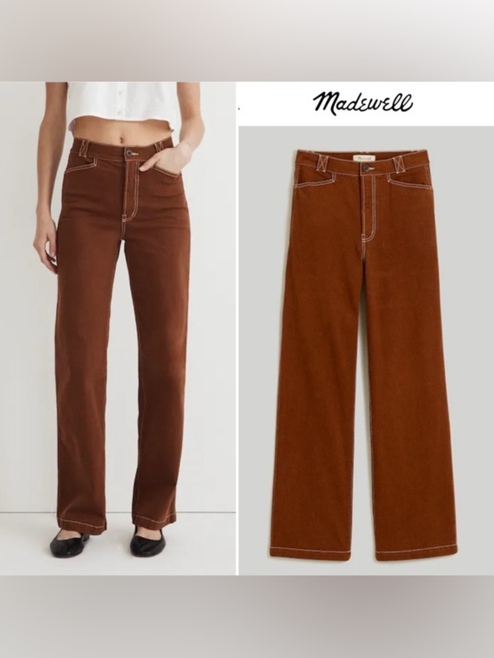 Madewell Emmett wide leg pants red clay color/white stitching
